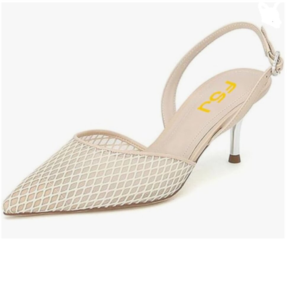 FSJ Beige Mesh Low Heel Sandals Slingback D'orsay Pointed Toe Wedding Shoes